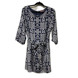 VELVET by GRAHAM & SPENCER Navy/White Abstract Floral Silk Dress, Sz XL